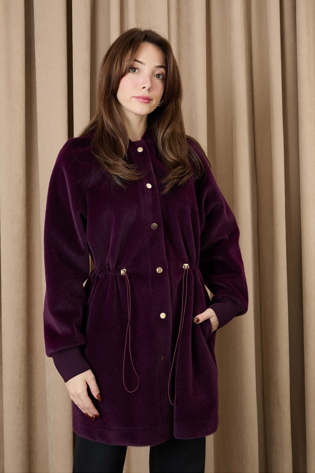 Kadın Beli Tünelli Kapüşonlu Fox Purple Kaban – 15222KBN