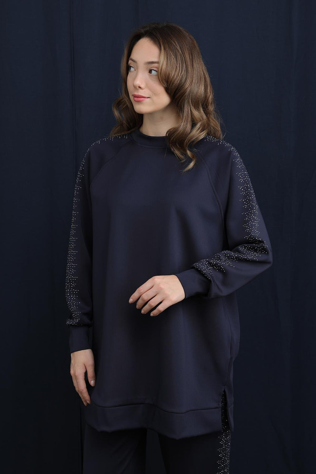 Kolları ve Pantolon Yanları Taş Detaylı Basic Takım - TP14394 - NAVY