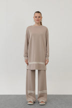 Kadın Modal Kumaş Grogren Detaylı Bej İkili Takım – 14291TKS