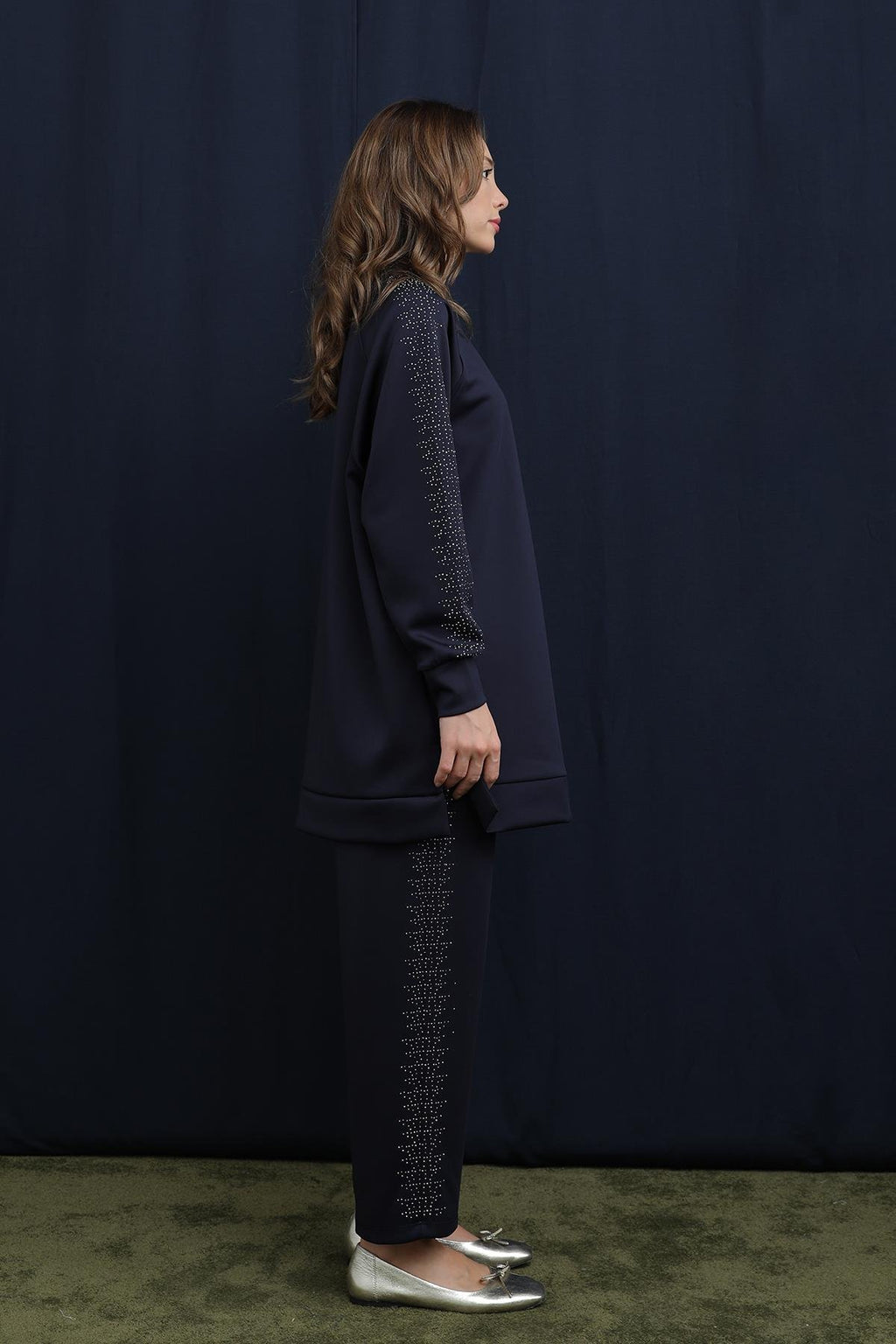 Kolları ve Pantolon Yanları Taş Detaylı Basic Takım - TP14394 - NAVY