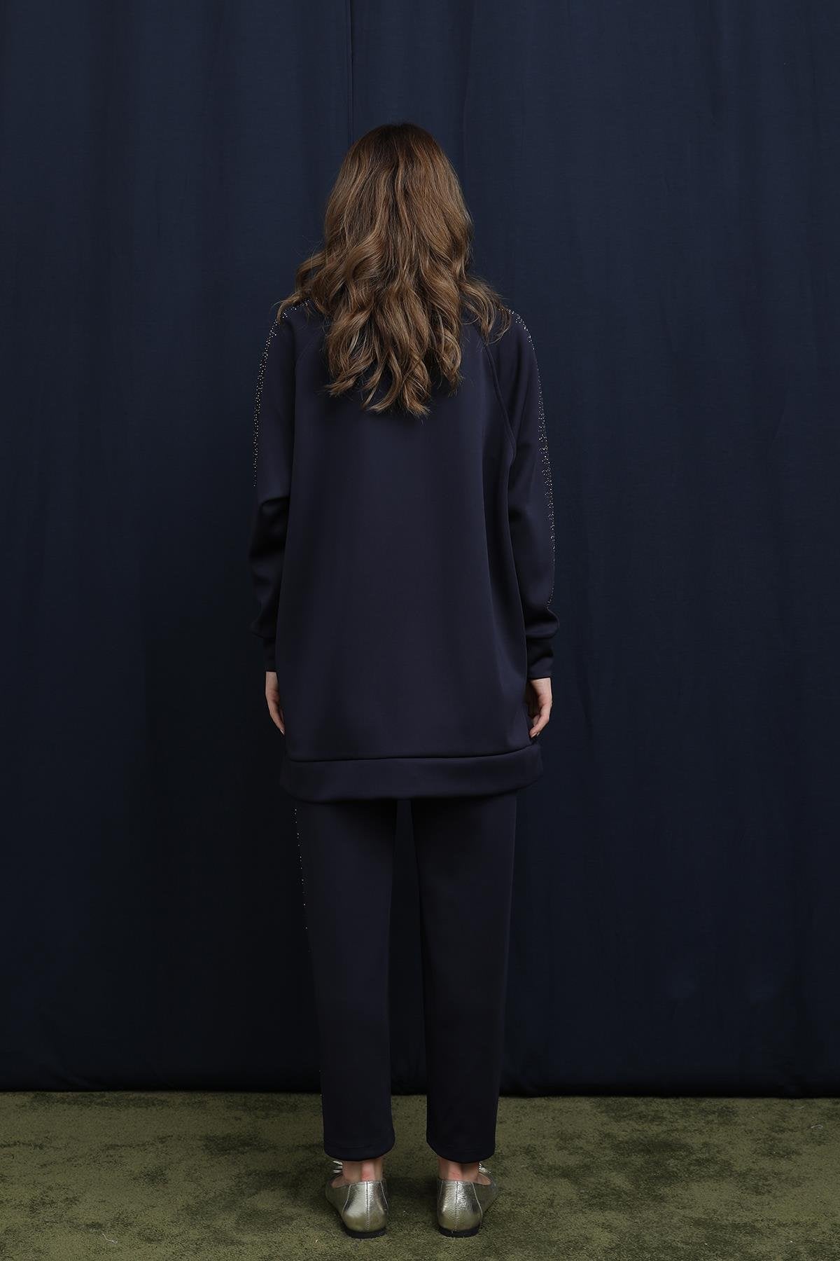 Kolları ve Pantolon Yanları Taş Detaylı Basic Takım - TP14394 - NAVY
