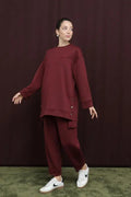 Kadın Yanları Çıtçıt Detaylı Yırtmaçlı Basic Burgundy Takım – 14384TKS