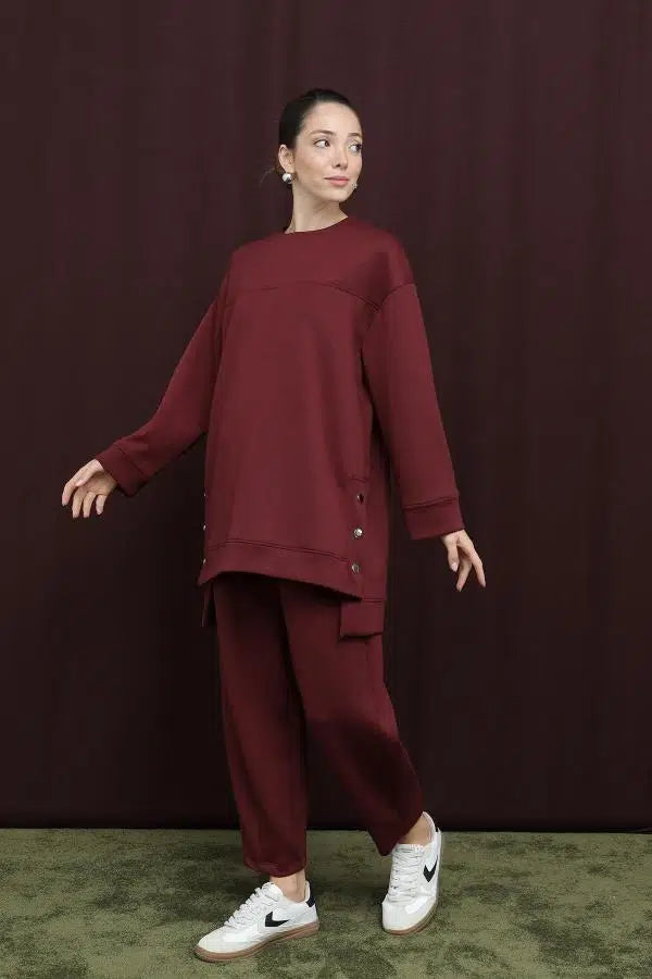 Kadın Yanları Çıtçıt Detaylı Yırtmaçlı Basic Burgundy Takım – 14384TKS