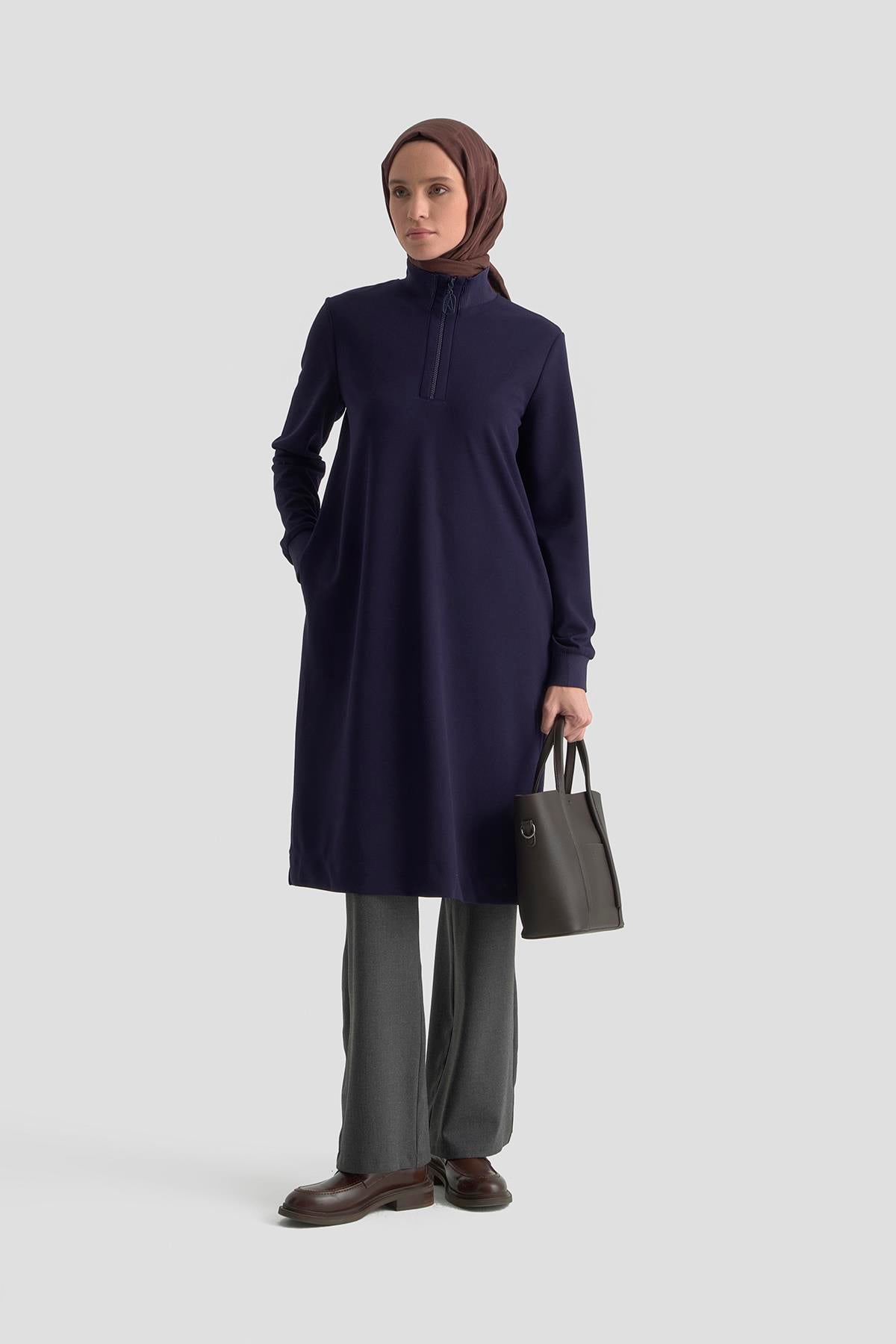 Armine Trend Kolları Ribanalı Yarım Fermuarlı Tunik – Lacivert | 25KT456