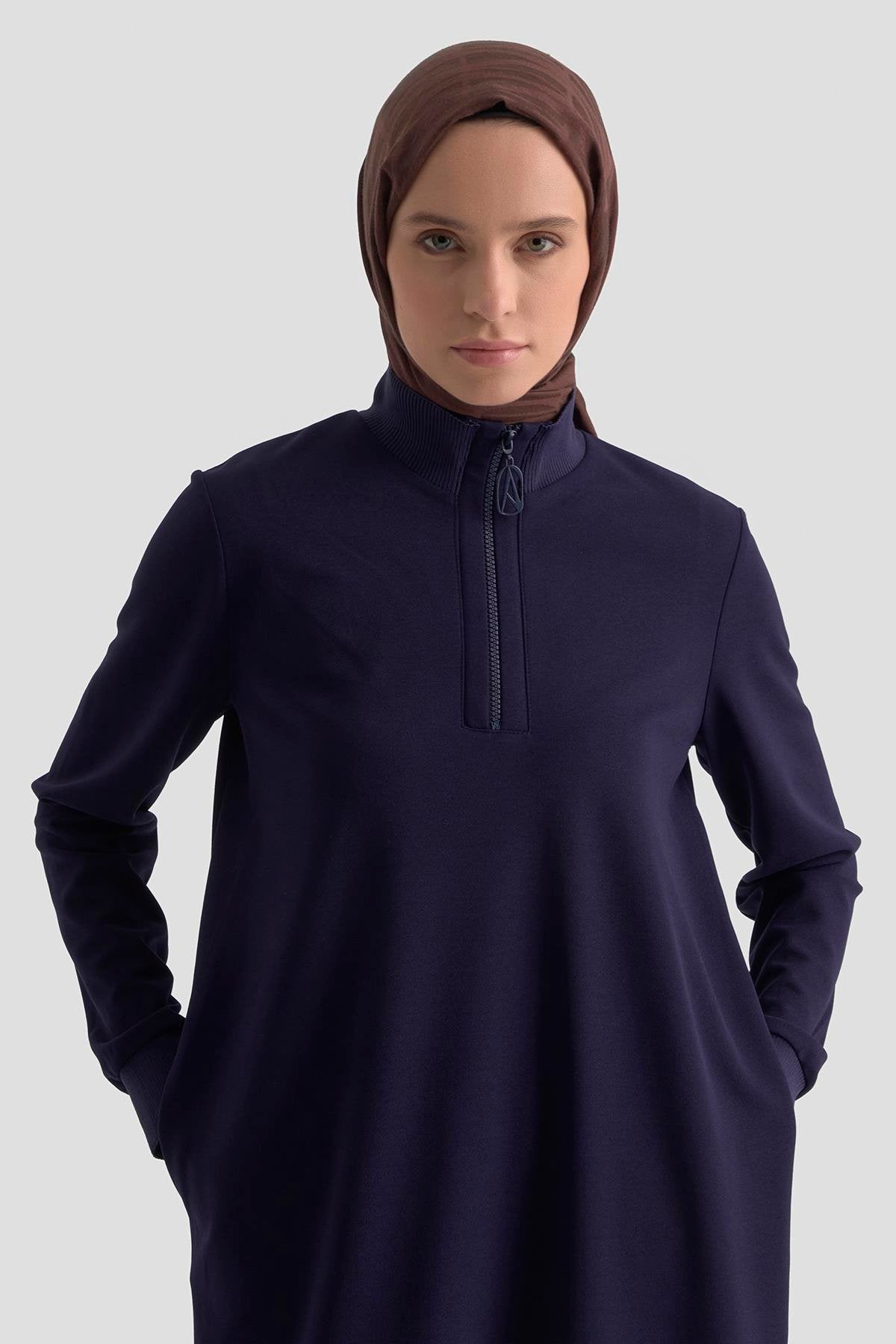 Armine Trend Kolları Ribanalı Yarım Fermuarlı Tunik – Lacivert | 25KT456