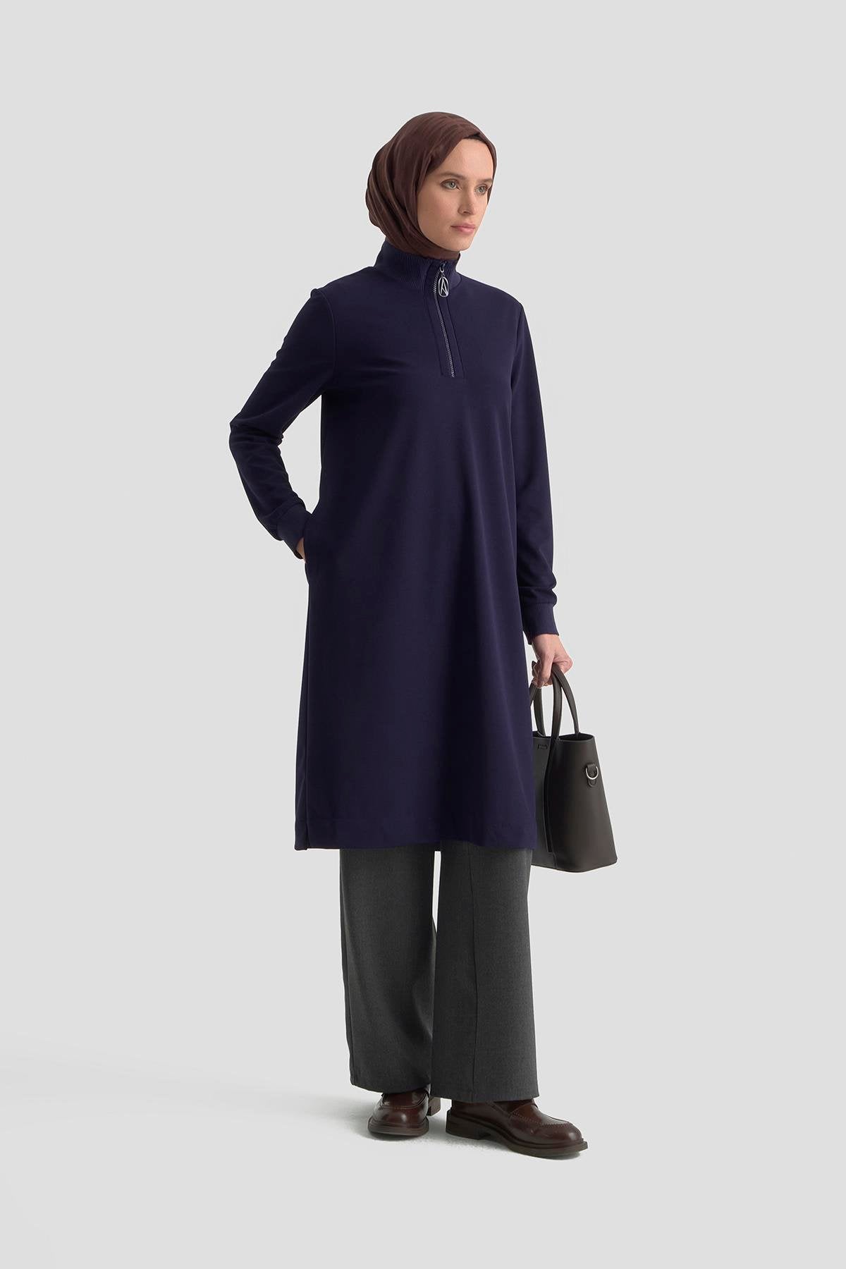 Armine Trend Kolları Ribanalı Yarım Fermuarlı Tunik – Lacivert | 25KT456