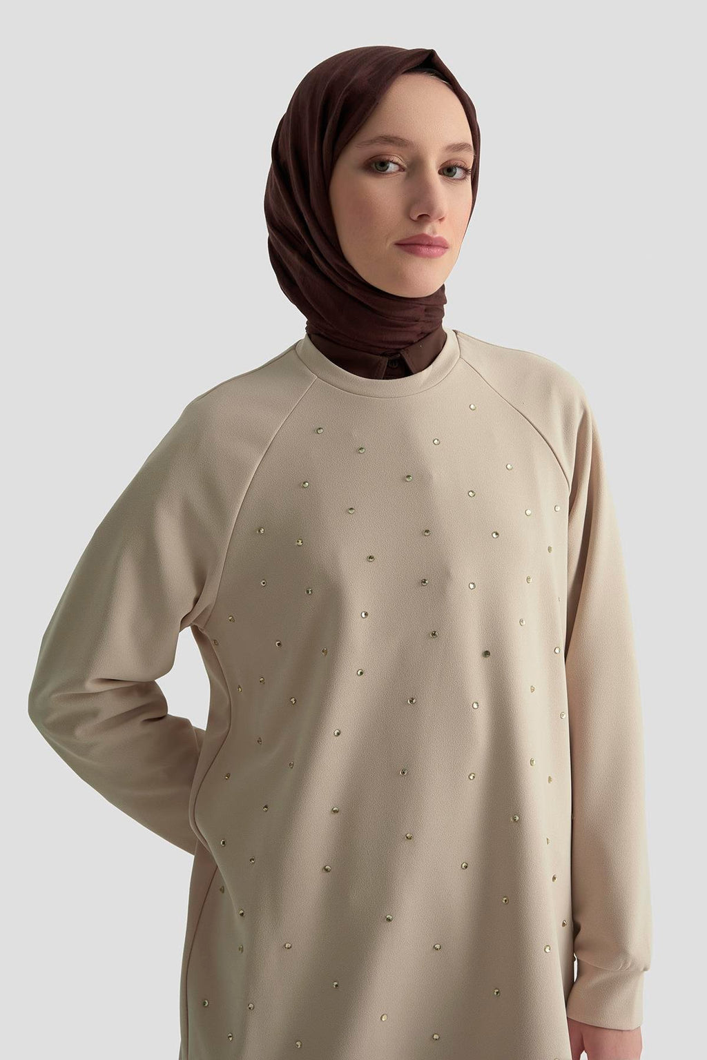 Önü Taş İşlemeli Tunik – Bej (25KT449)