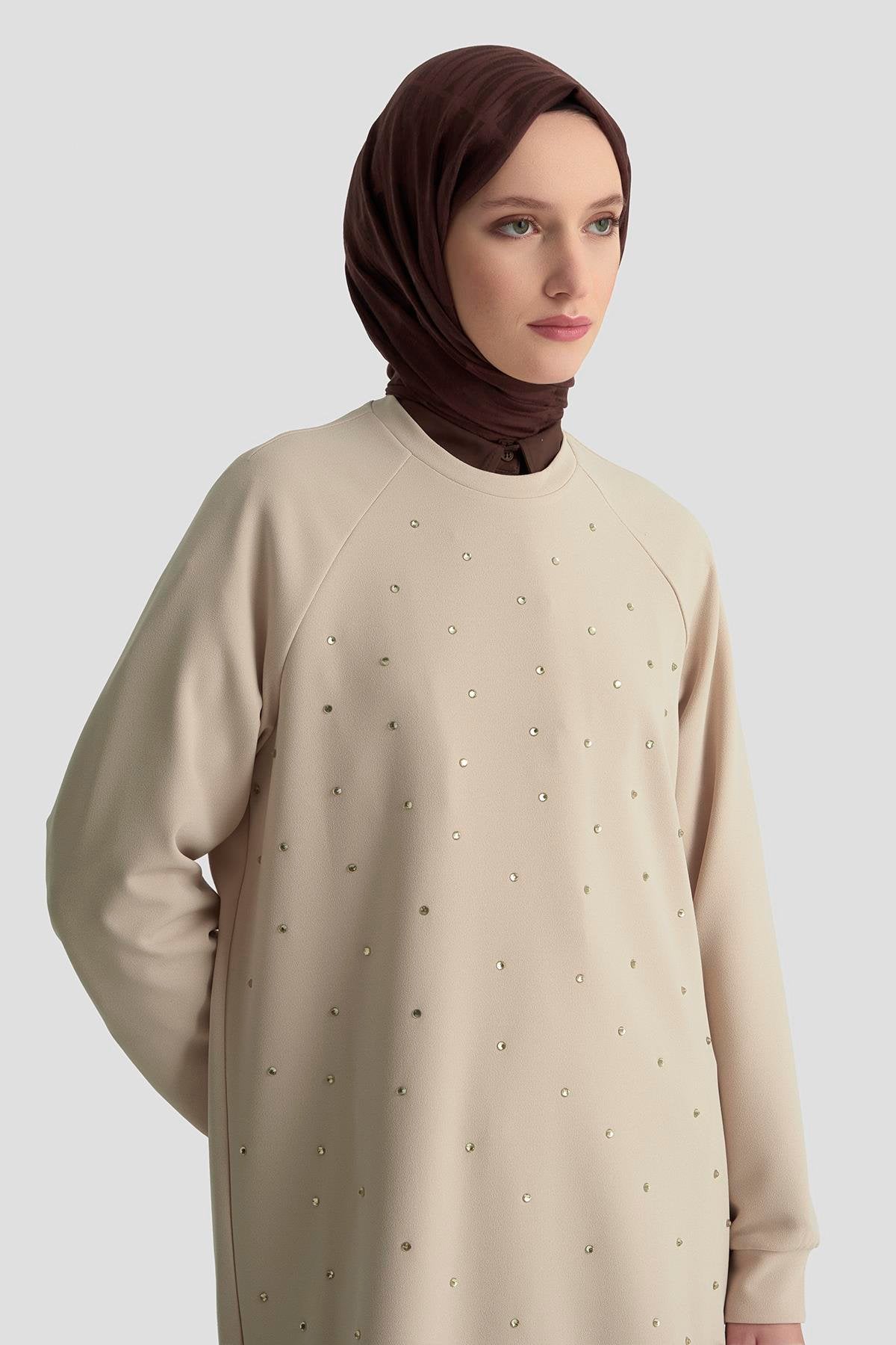 Önü Taş İşlemeli Tunik – Bej (25KT449)