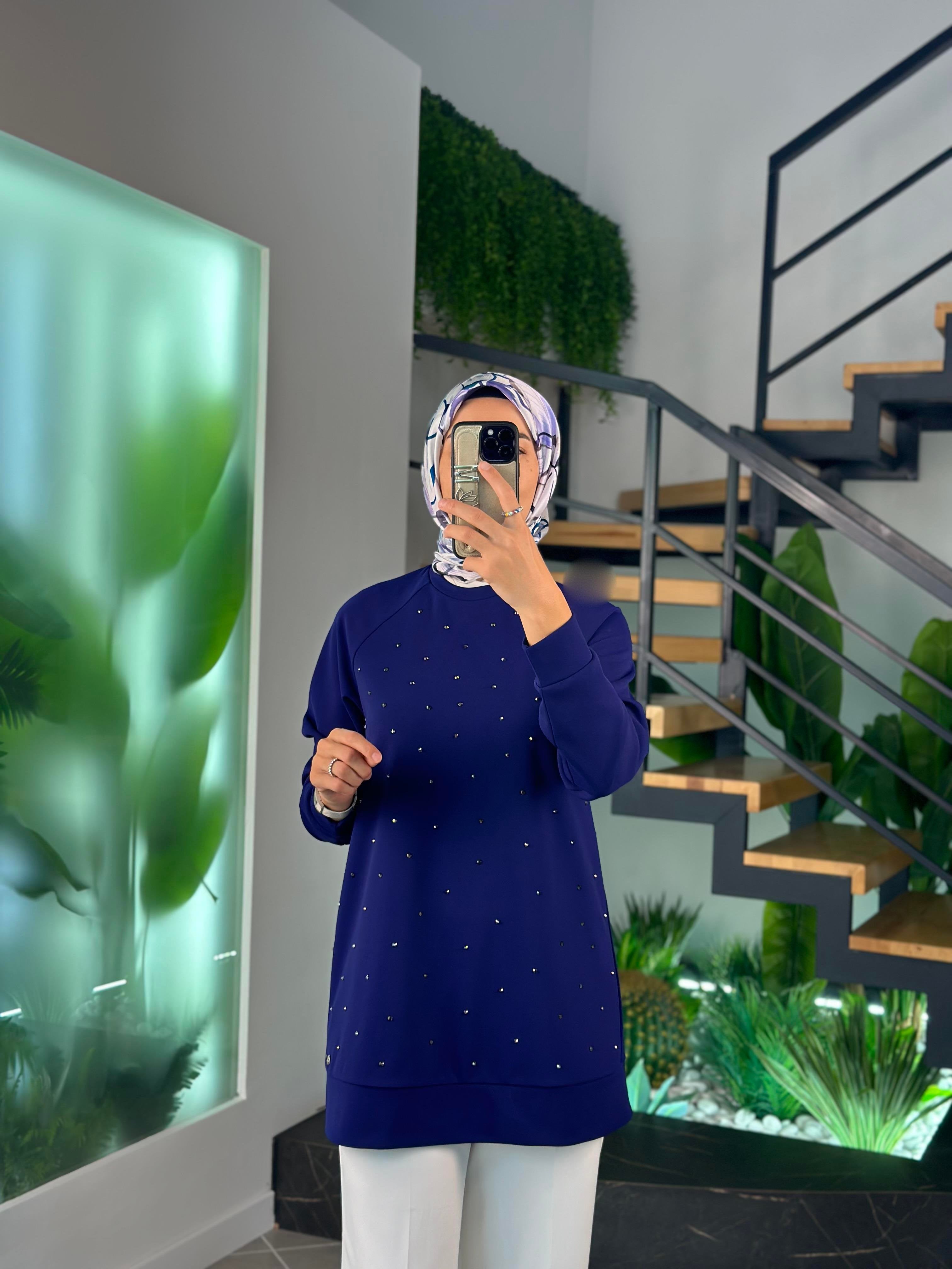 Önü Taş İşlemeli Tunik – Saks (25KT449)