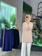 Önü Taş İşlemeli Tunik – Bej (25KT449)