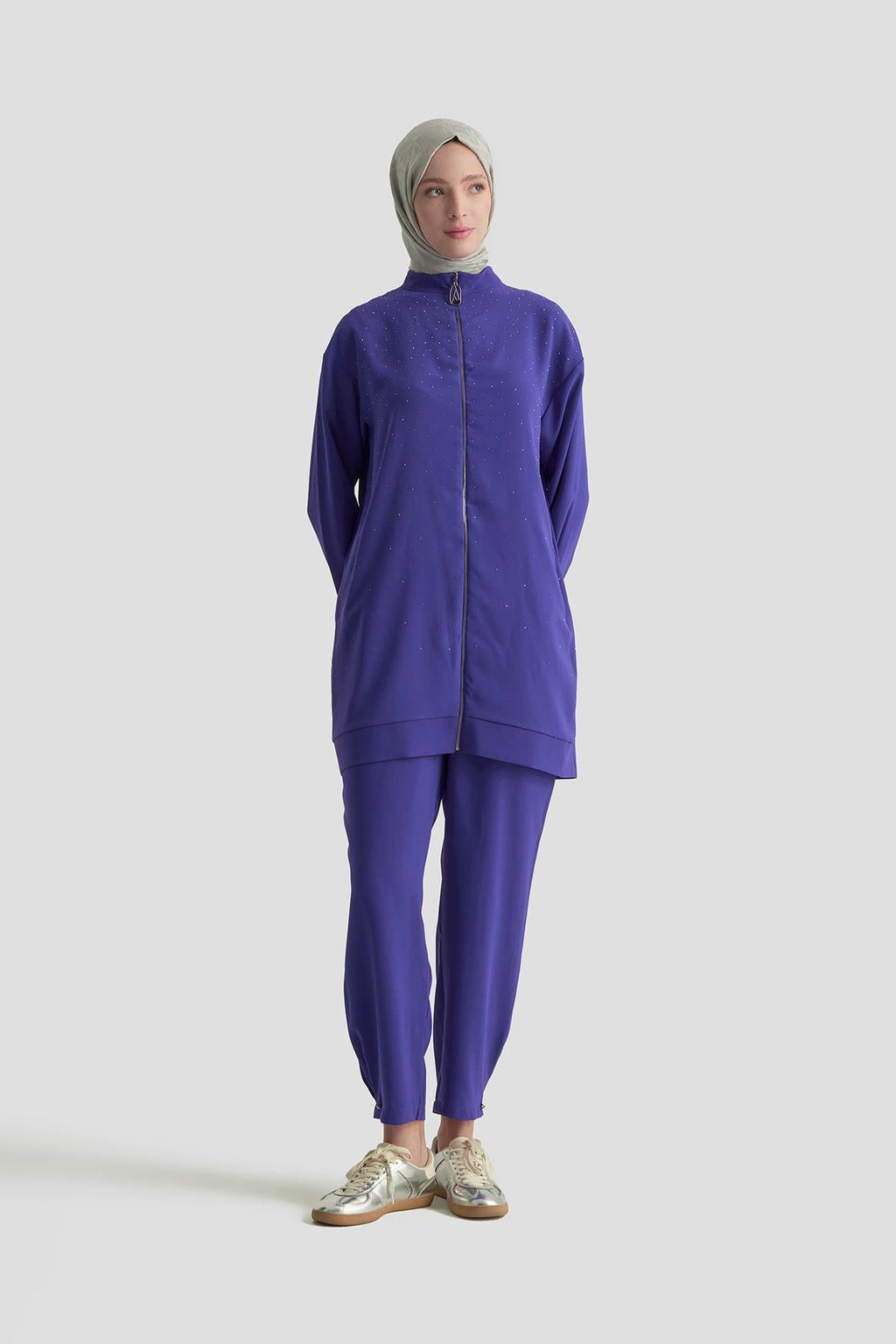 Armine Trend Taş Detaylı Fermuarlı Pantolonlu İkili Takım – Morcivert | 25KT656