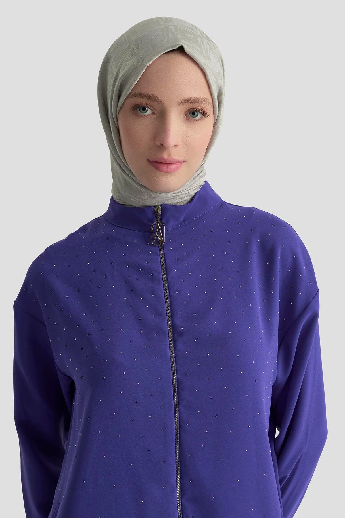 Armine Trend Taş Detaylı Fermuarlı Pantolonlu İkili Takım – Morcivert | 25KT656