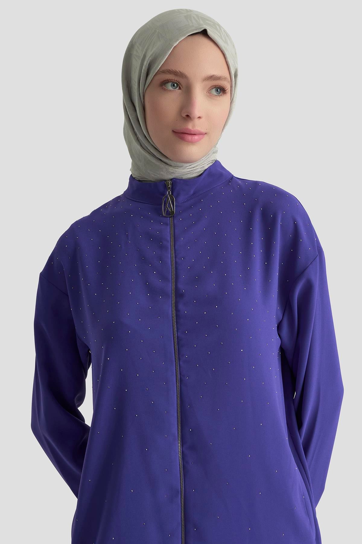 Armine Trend Taş Detaylı Fermuarlı Pantolonlu İkili Takım – Morcivert | 25KT656